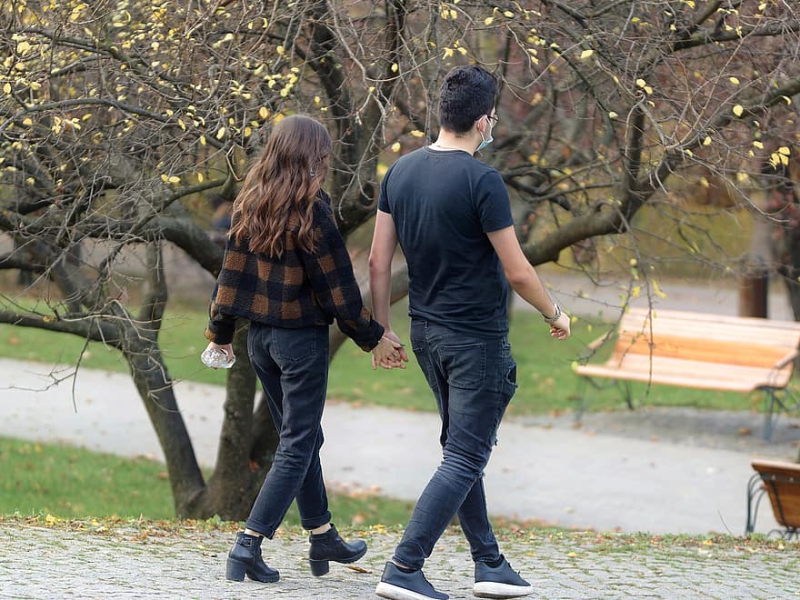 ζευγάρι, πάρκο, το περπάτημα, νέος, δρομάκι, φύλλα, ρομαντικός, ευτυχία, άνδρες, δύο, Ανθρωποι