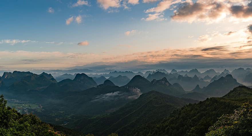 βουνά, Όρος Γιάο, Ανατολή ηλίου, σύννεφα, πανόραμα, τοπίο, φύση, Guilin, Κίνα, βουνό, κορυφή βουνού