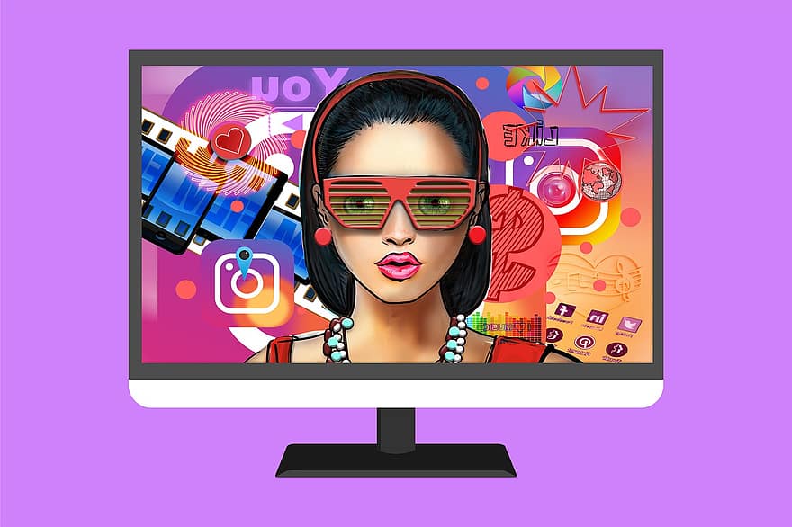 schermo del computer, televisione, social media, blogger, donne, tecnologia, vettore, computer, illustrazione, cuffie, adulto