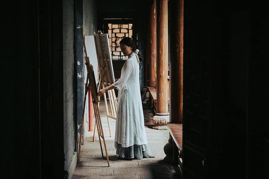 Mädchen, Maler, Chinesisch, langes Kleid, Malerei, Frau, Staffelei, Künstler, traditionell, Kultur