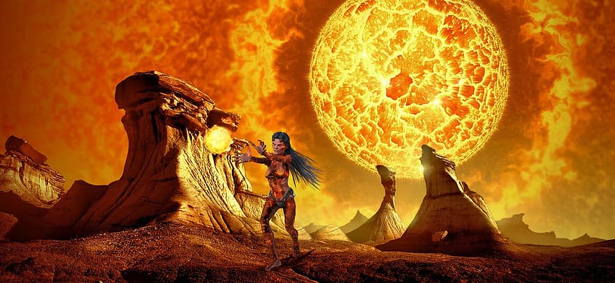 Background, Mountains, Planet, Fire, Witch, Fantasy, Female, Character, Digital Art, men, night