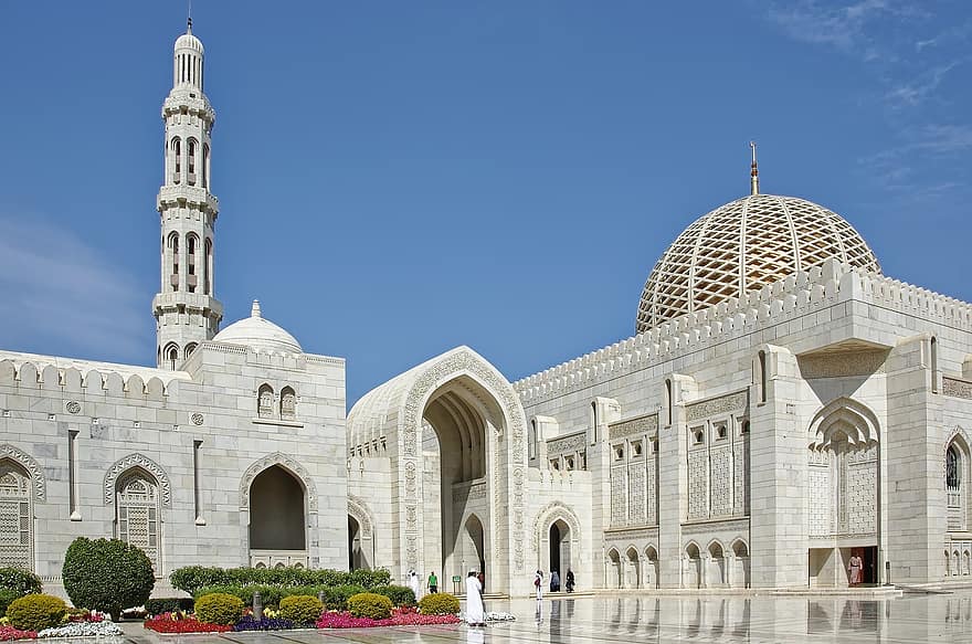 grande mosquée du sultan qaboos, Oman, muscat, la mosquée principale, mosquée, bâtiment, minaret, dôme, architecture, religion, Islam