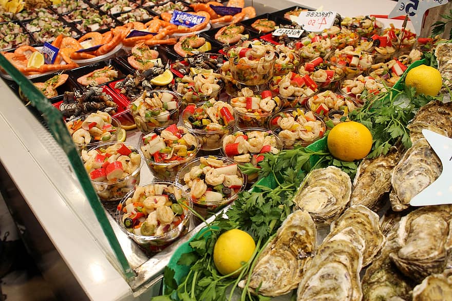 Langoustines, Seafood, Shrimp, Scampi, Oyster, Market, food, freshness, fruit, lemon, gourmet