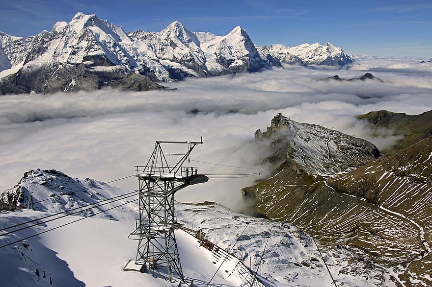 Šveice, kalni, augstākā līmeņa sanāksmē, migla, alpi, eiger, schilthorn, mākoņi, sniegs, kalns, ziemā