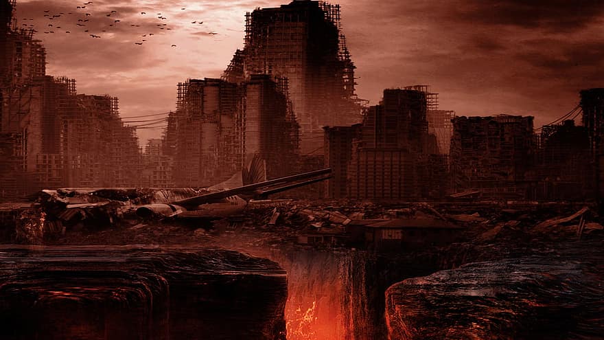apokalipse, pilsēta, drupas, ēkām, debesskrāpji, pilsētas, iznīcināšana, katastrofu, armagedona, karš, sirreāls