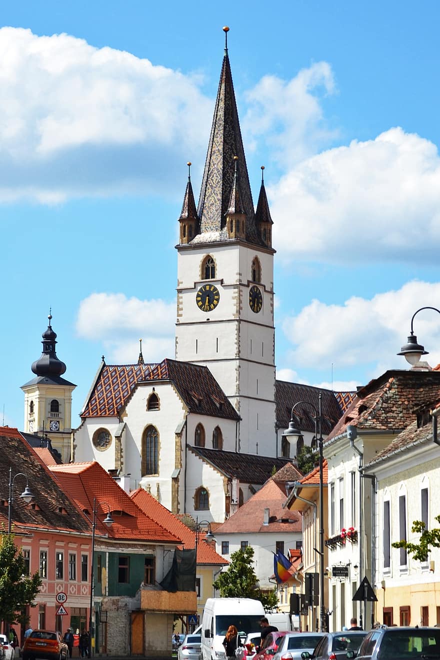 kostel, věž, středověk, Rumunsko, Herrmannstadt, Heřmanstadt, evangelický, světové dědictví, architektura, slavné místo, křesťanství
