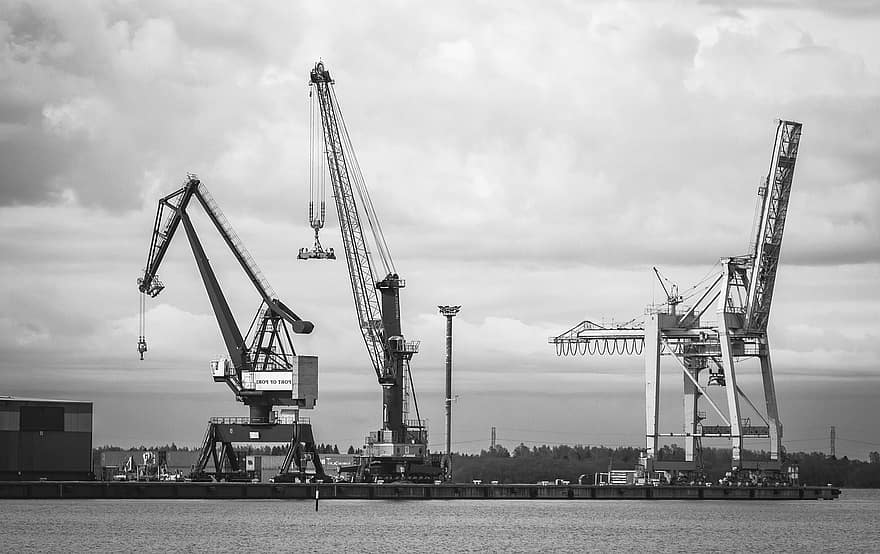 Kräne, Hafen, Seite? ˅, Ladebereich, Hafenbecken, Kran, Baumaschine, Versand, kommerzielles Dock, Industrie, Frachtcontainer