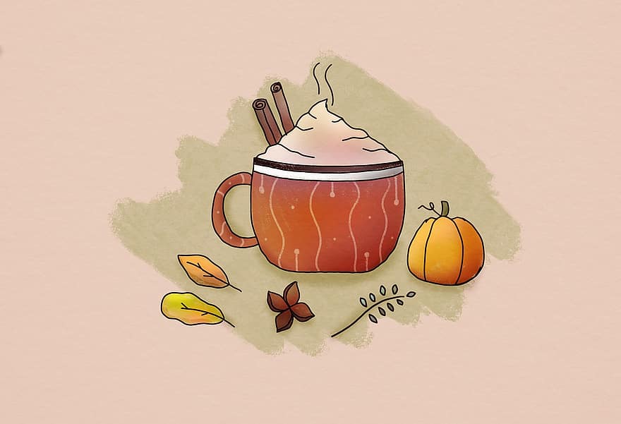 káva, podzim, tapeta na zeď, javor, listy, dýně, kakao, napít se, nápoj, pohár, džbánek
