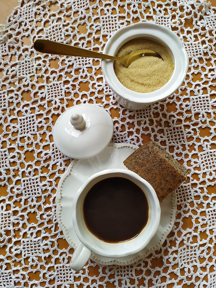 กาแฟ, น้ำตาล, ขนม, ขนมปัง, ช้อนชา, ผ้าปูโต๊ะ, ตาราง, ดื่ม