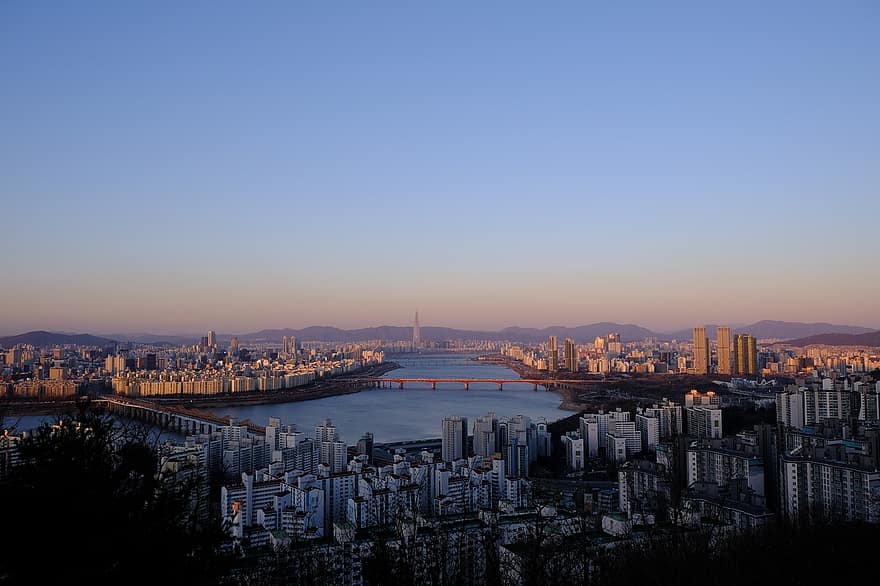 han folyó, Dél-Korea, város, épületek, városi, tájkép, éjszakai kilátás, hegy, ég, Szöul, Koreai Köztársaság