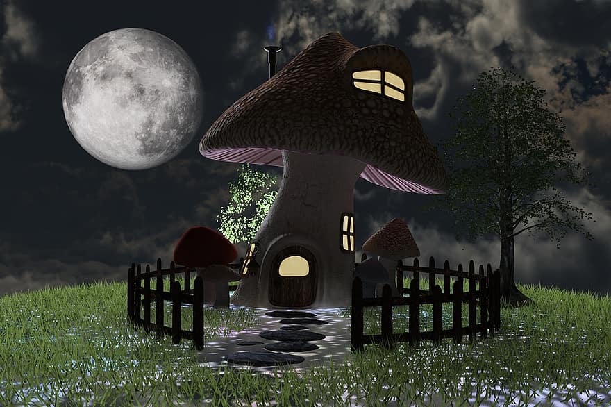 cogumelos, casa, tóxico, noite, lua, fundo, céu noturno, nuvens, céu, esquisito