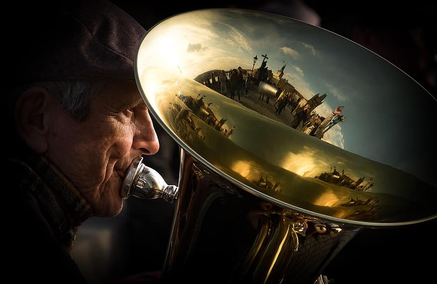 tuba, instrument, jugador, música, reflexió, or, ciutat, carrer