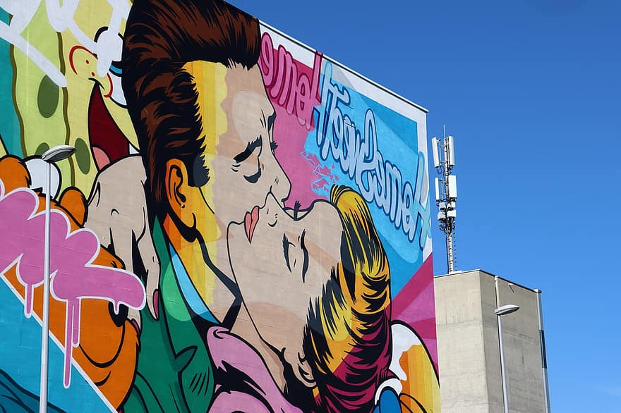 grafiti, Art º, multicolor, color, creativo, mural, urbano, edificio, arte callejero, Beso, amor