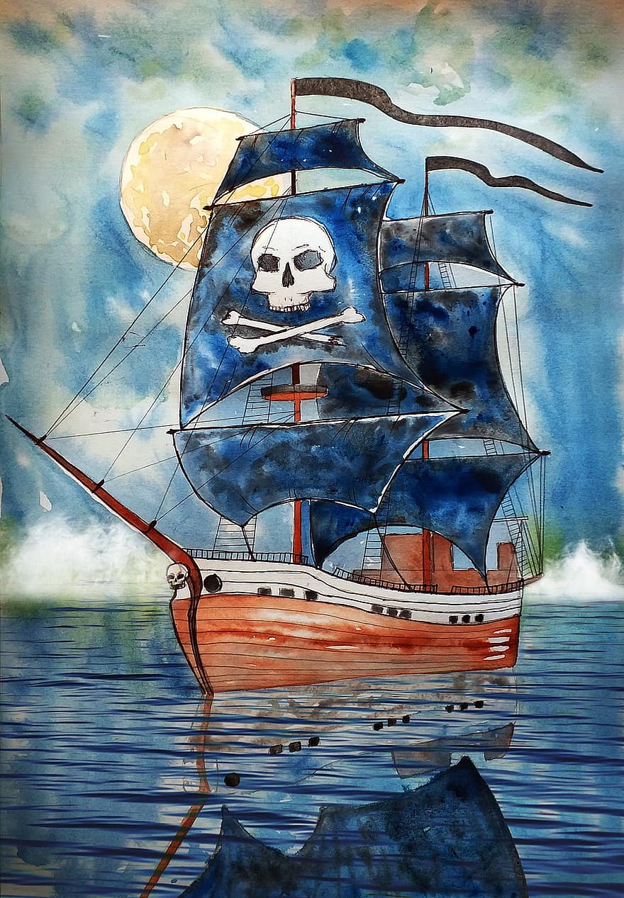 piráti, pirátská loď, kaper, lupiči, loď, plachta, oceán, stožár, pirát, moře, poklad
