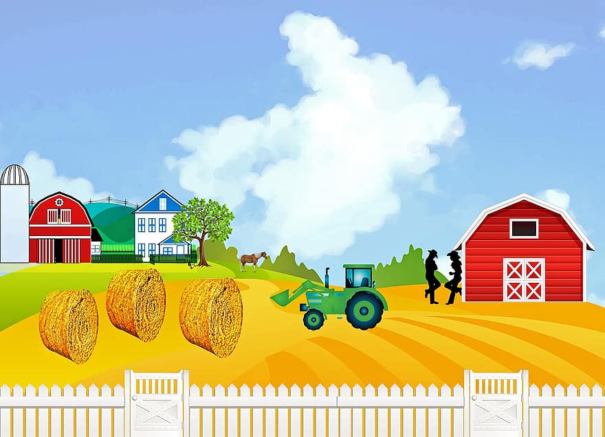 tanah pertanian, lumbung, rumah, jerami, traktor, pagar putih, pedesaan, kuda, petani, peternakan, rumah pertanian