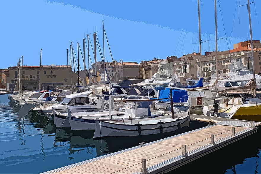 Harbor, Marina, Port, Boat, Ship, Sea, Water, City, Draw, Paint, Abstract