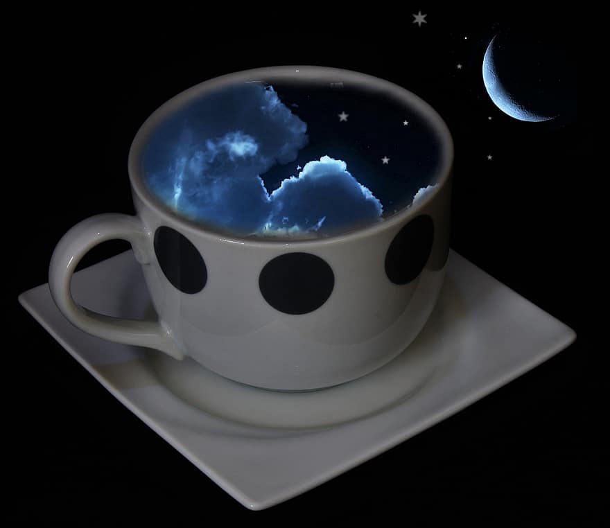мрія, фантазія, чашка, ніч, місяць, хмари, небо
