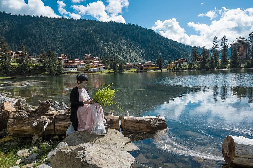 Lake Cuoka, Lake, Woman, Mountain, Water, Reflection, Lakeside, Ganzi, China, Serene, women