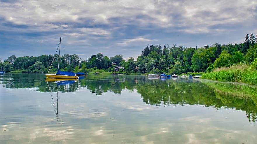 Landscape, Nature, Lake, Chiemsee, Upper Bavaria, Boats, Dock, Anchorage, Spieglung, Clouds, Weather