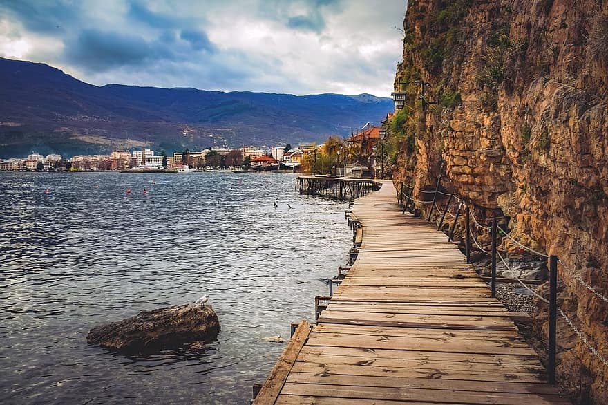 пішохідна доріжка, шлях, дерев'яні, озеро, зима, краєвид, озеро Охрид, північна Македонія, туризм