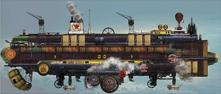 sterowiec, steampunk, Fantazja, Dieselpunk, Atompunk, fantastyka naukowa, parowy, przemysł, maszyneria, transport, fabryka