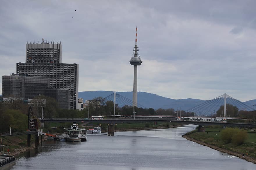 Mannheim, torre della tv, torre radio, ponte, Neckar, Germania, edifici, città, orizzonte, paesaggio urbano, architettura