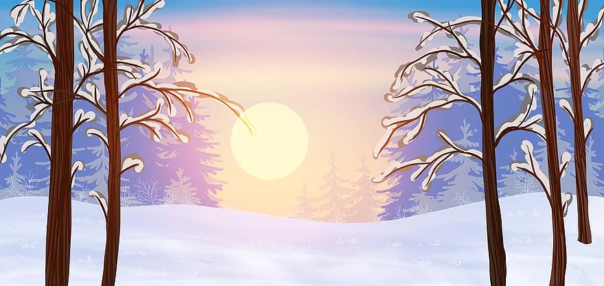 삽화, 숲, 자연, 겨울, 저녁, 일몰, 눈, 나무, 경치, 하늘, 수평선