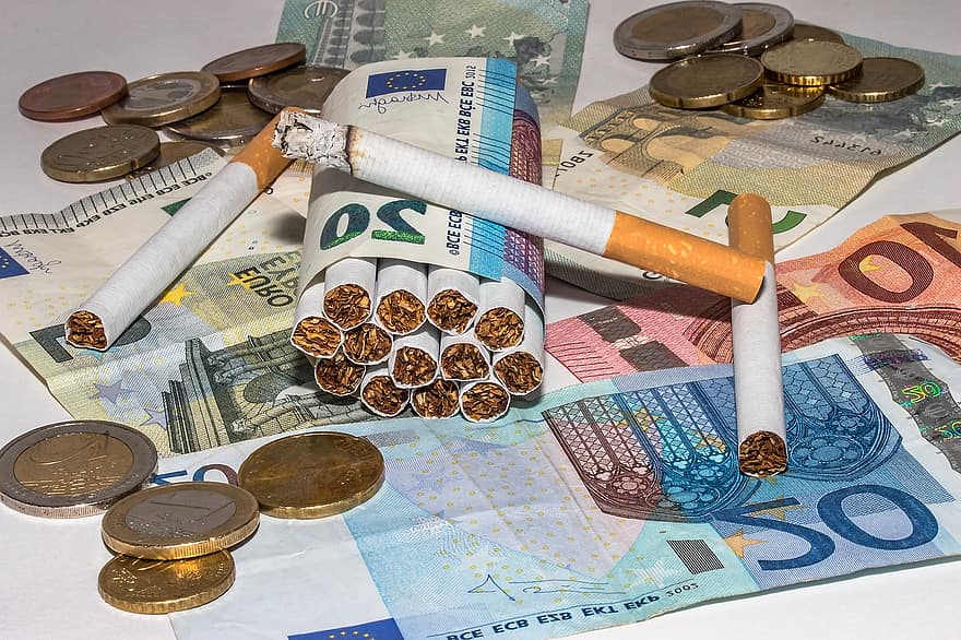 cigarrets, bitllets de banc, cigarrets enrotllats, cigarret ardent, cendra, bitllets d'euro, poc sa, nociu, car, despeses, cendres fredes