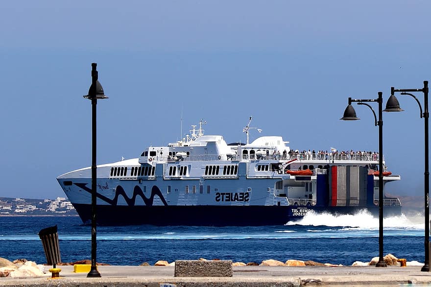 veerboot, reizen, vervoer-, Snelle veerboot, Griekenland, cycladen, paros, katamaran, naxos, nautisch schip, vervoer