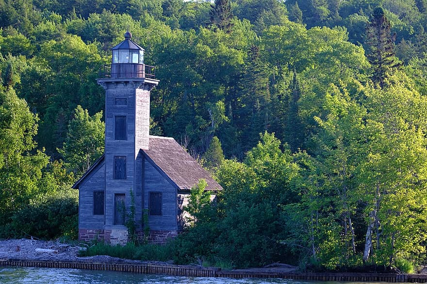 Lighthouse, Building, Ruins, Lake, Trees, Forest, Abandoned, East Channel Lighthouse, Water, Navigation