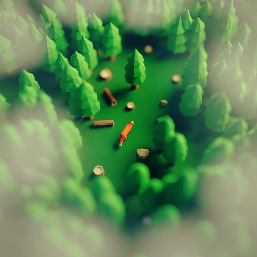 Fox, Woods, Low Poly, Clouds, Forest, Animal, Aerial View, Geometric, Polygon, Poly, Wild
