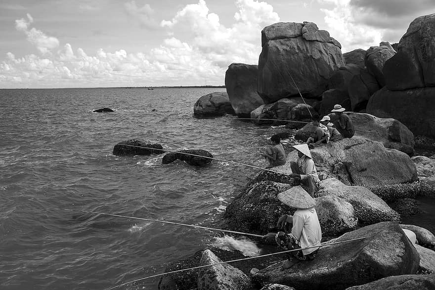 カマウ、ベトナム、海、風景、自然、釣り、沿岸の岩、水、岩、男達、夏