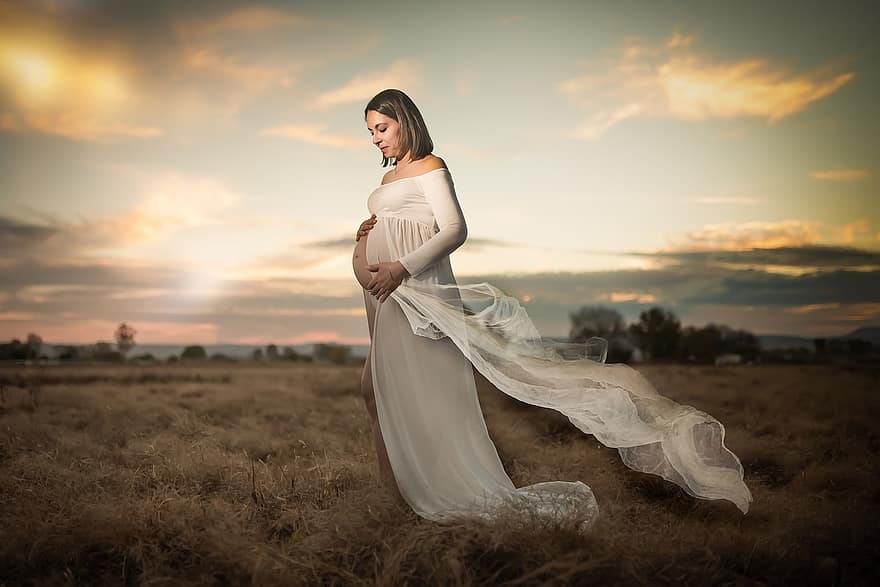hamile, Kadın, çayır, kırsal bölge, gebelik, Hamilelik Fotoğraf Çekimi, gün batımı, anne, portre, KADIN, elbise