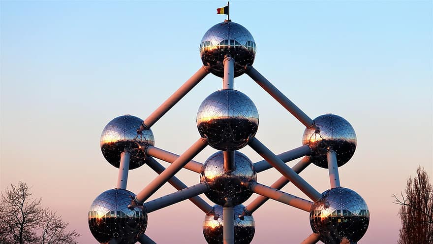 atomium, Brusel, Belgie, expo, architektura, vlajka, cestovat, modrý, Věda, technologie, molekulární struktury