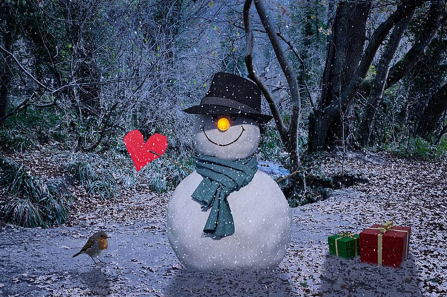 눈사람, 숲, 선물, 눈, 크리스마스, 겨울, 나무, 시즌, 미소 짓는, 장식, 축하