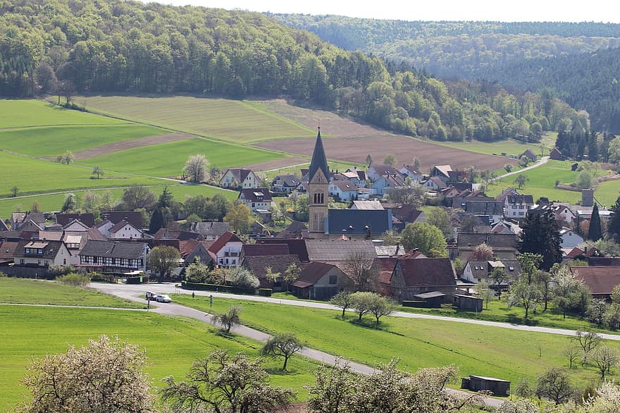 село, околност, Германия, полета, град, църква, къщи, селски, селска сцена, ферма, пейзаж