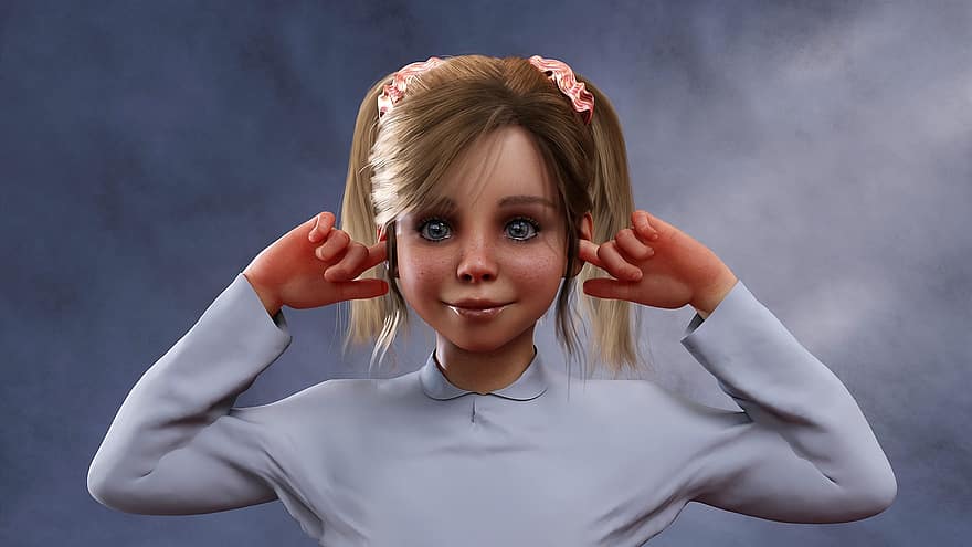 女の子、キッド、耳を覆う、肖像画、耳の中の指、子、若い、幼年期、スマイル、可愛い