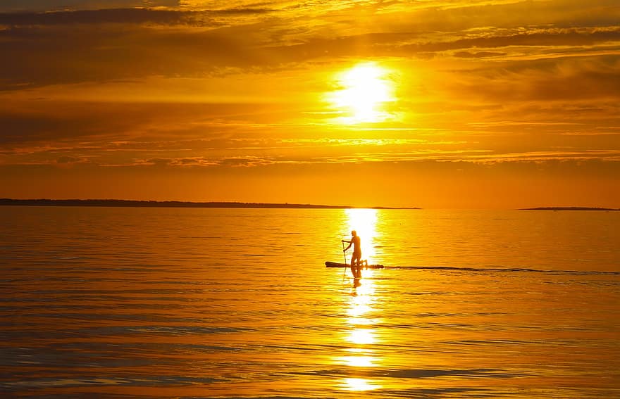 paletă, om, paddle board, ocean, mare, valuri, orizont, apus de soare, apă, natură, peisaje