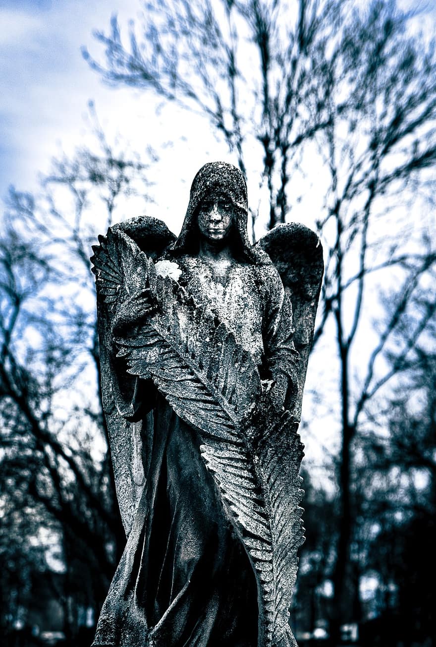 Angel Statue, Cemetery, statue, religion, christianity, sculpture, spirituality, black and white, tombstone, old, architecture