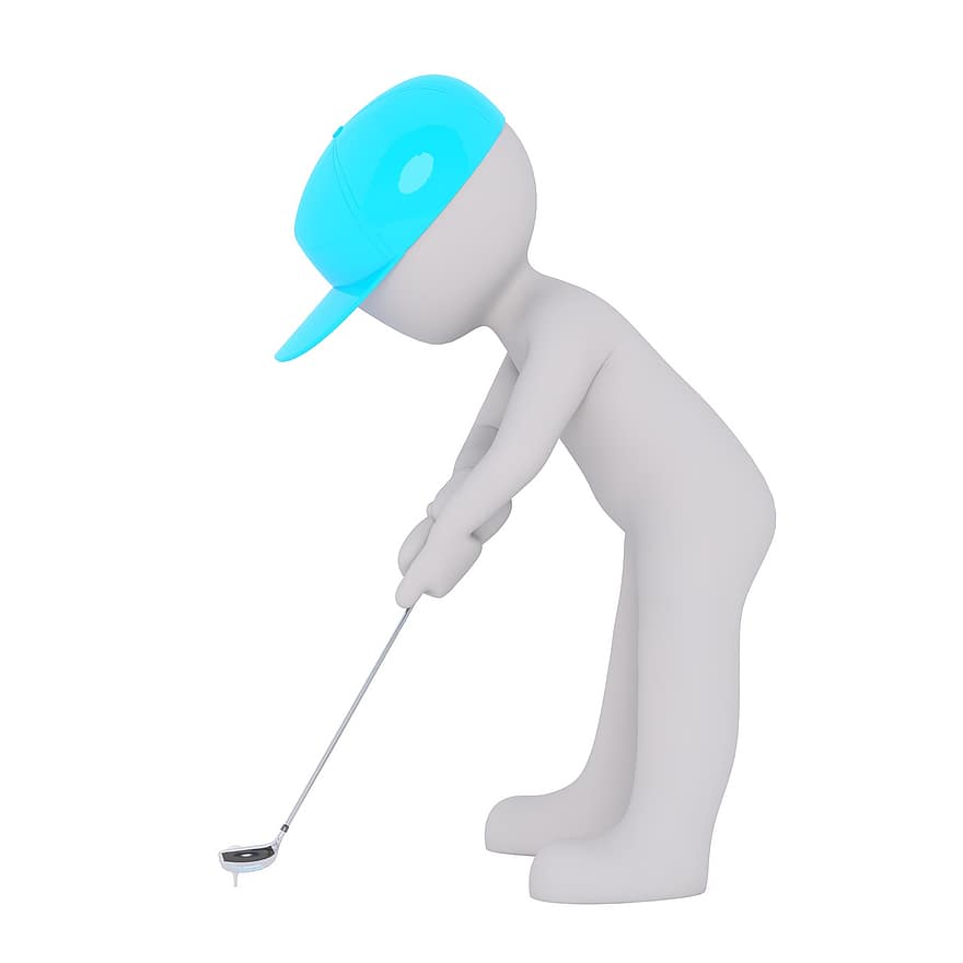 baltas vyras, 3D modelis, izoliuotas, 3d, modelis, Viso kūno, balta, golfas, golfo žaidėjas, šikšnosparnis, putteris