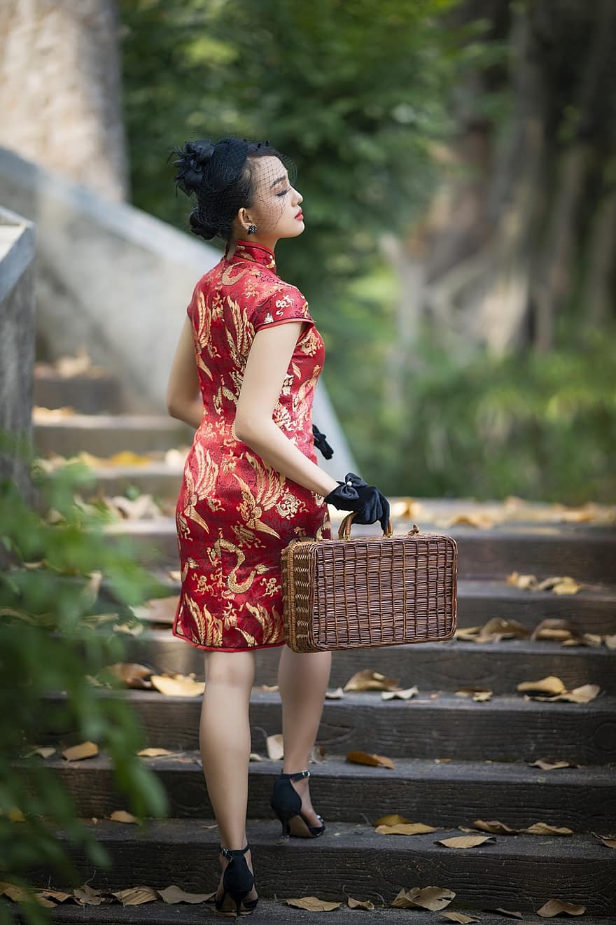 Cheongsam, 유행, 여자, 베트남 사람, 빨간 치파오, 전통적인, 가방, 장갑, 머리 장식, 스타일, 드레스