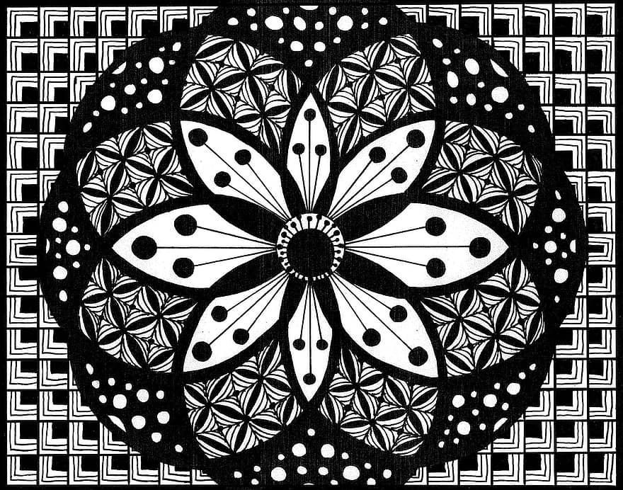 roseta, Imagens Zentangle, Preto e branco, flor, desenhando, abstrato