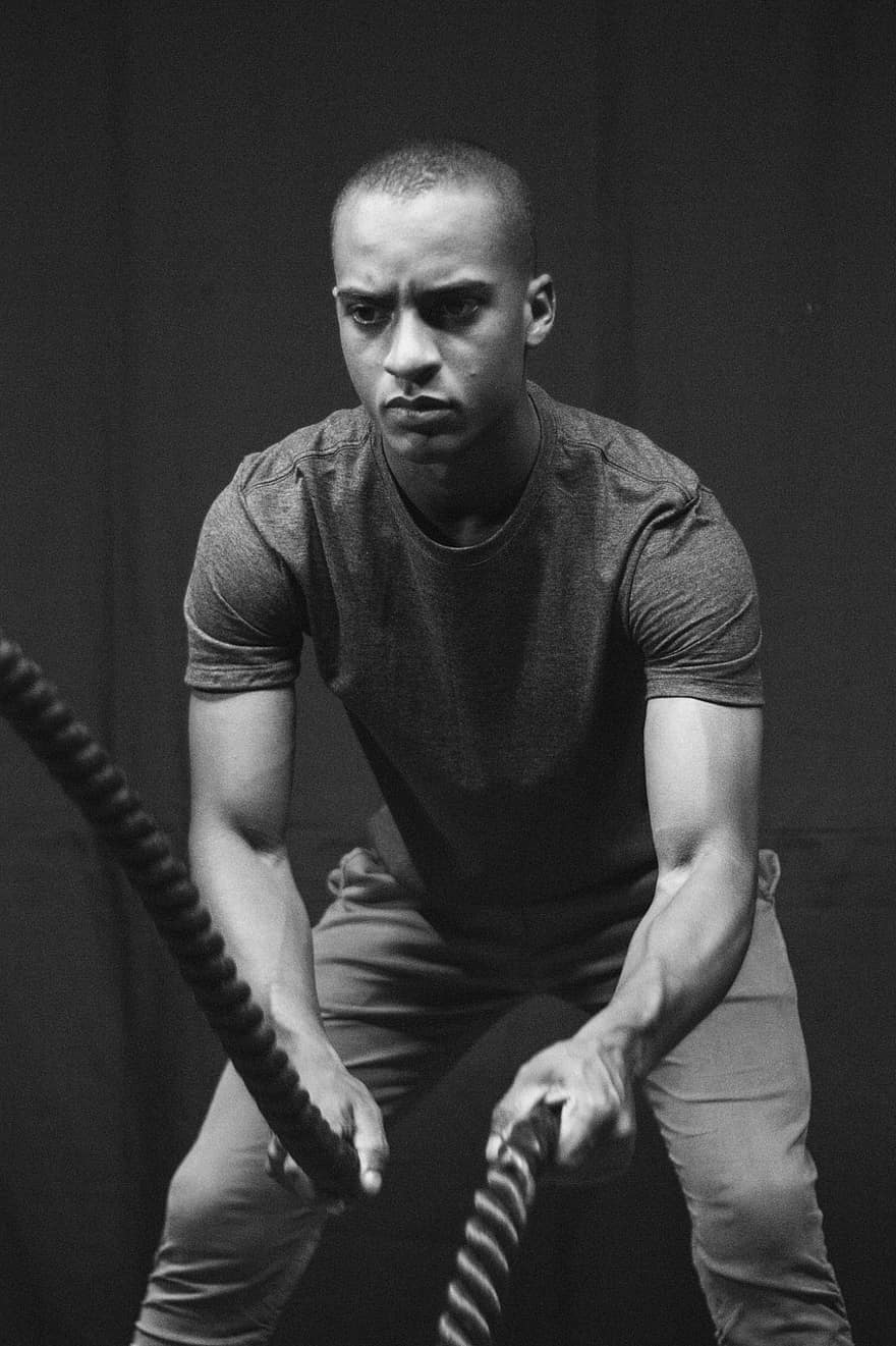 Man, Battling Ropes, Training, Strength, Rope, Fitness, Exercise, Workout, Wellness, Male, Black