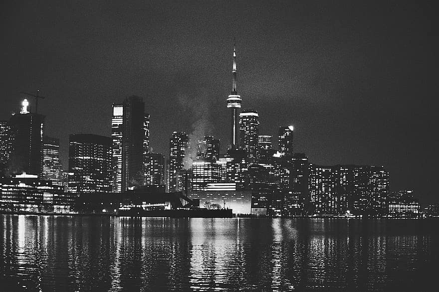 Toronto, láthatár, város, épületek, vízparton, cn torony, ontario, víz