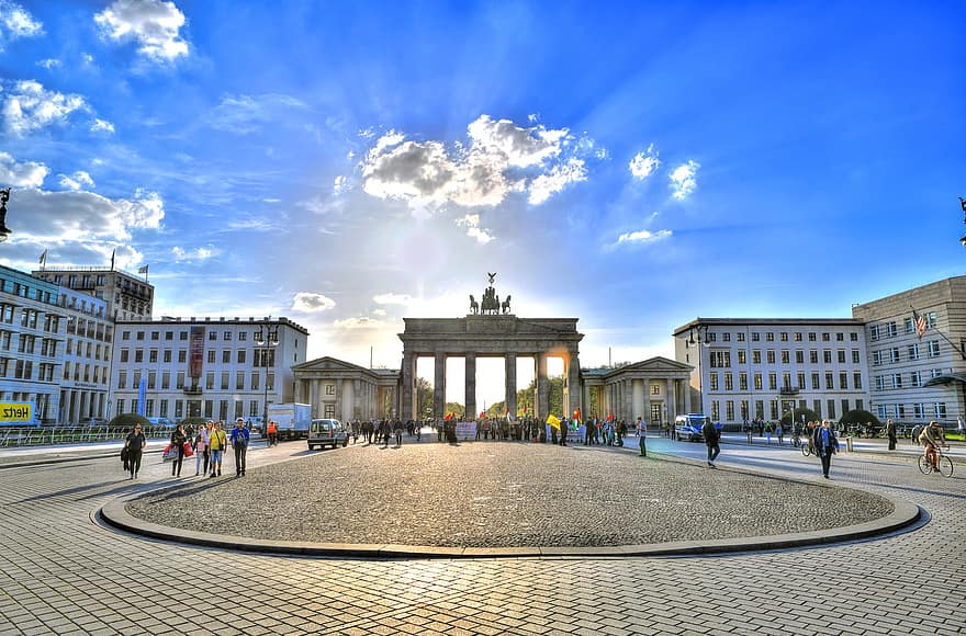 brama, statua, budynek, pomnik, punkt orientacyjny, turystyka, turyści, zachód słońca, brandenburg, Berlin, Niemcy