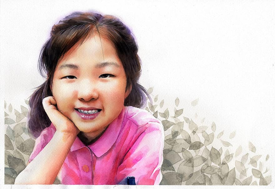 акварелен портрет, акварел, изкуство, върши работа, азиатски, момиче, на децата