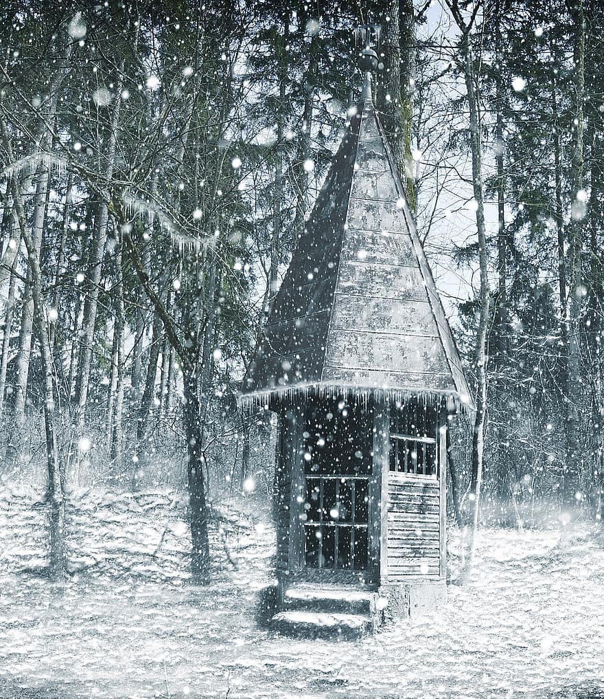 invierno, bosque, nieve, capilla, Art º, diseño, hielo, frío, álbum de recortes, vendimia, copos
