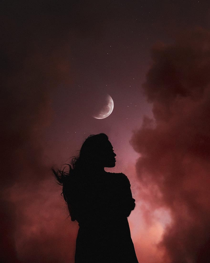 femeie, siluetă, lună, cer, fată, nori, natură, călătorie, noapte, bărbați, întuneric