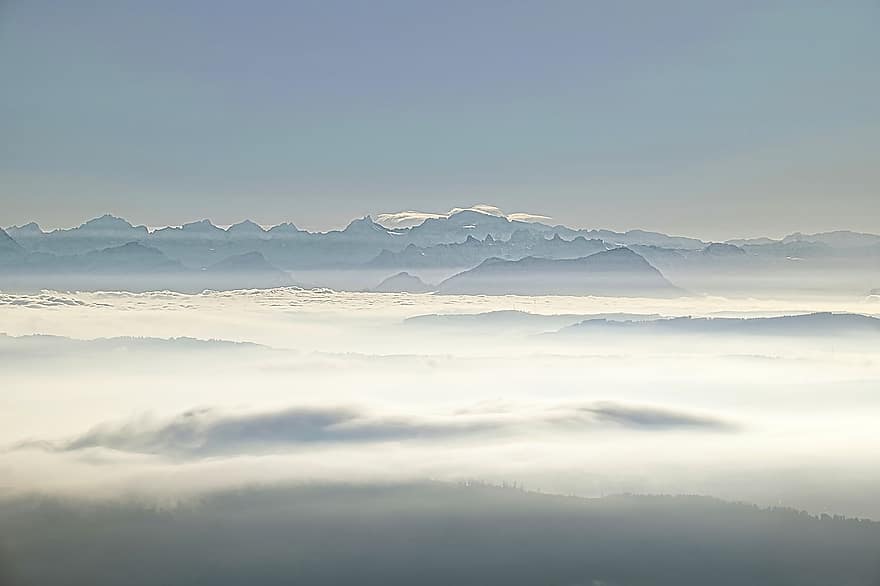 Alpy, hory, mlha, mlhavé krajiny, krajina, Příroda, švýcarsko