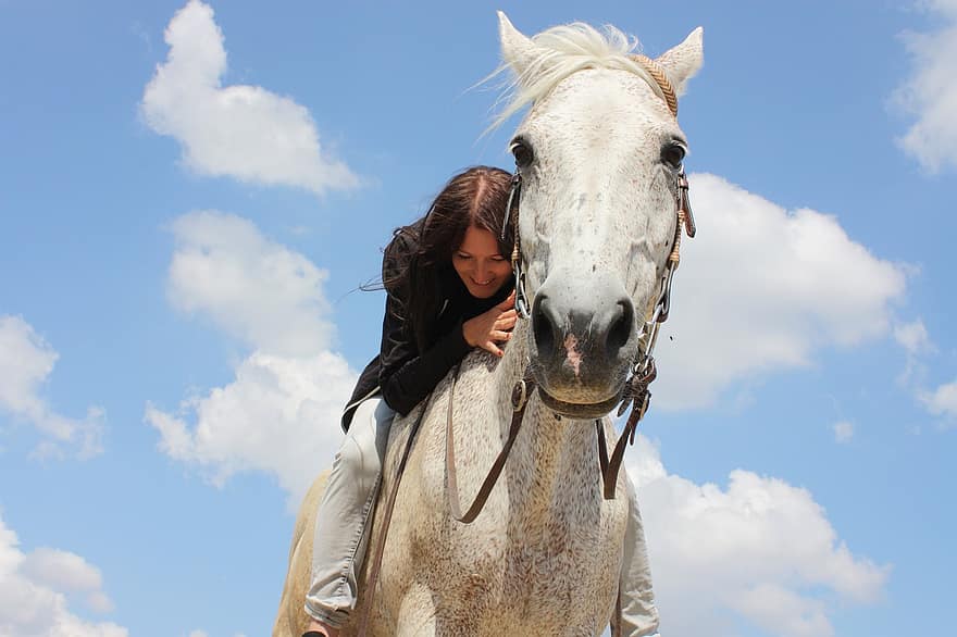 cavalo, mulher, cavalgando, céu, nuvens, menina, feliz, andar a cavalo, eqüino, animal